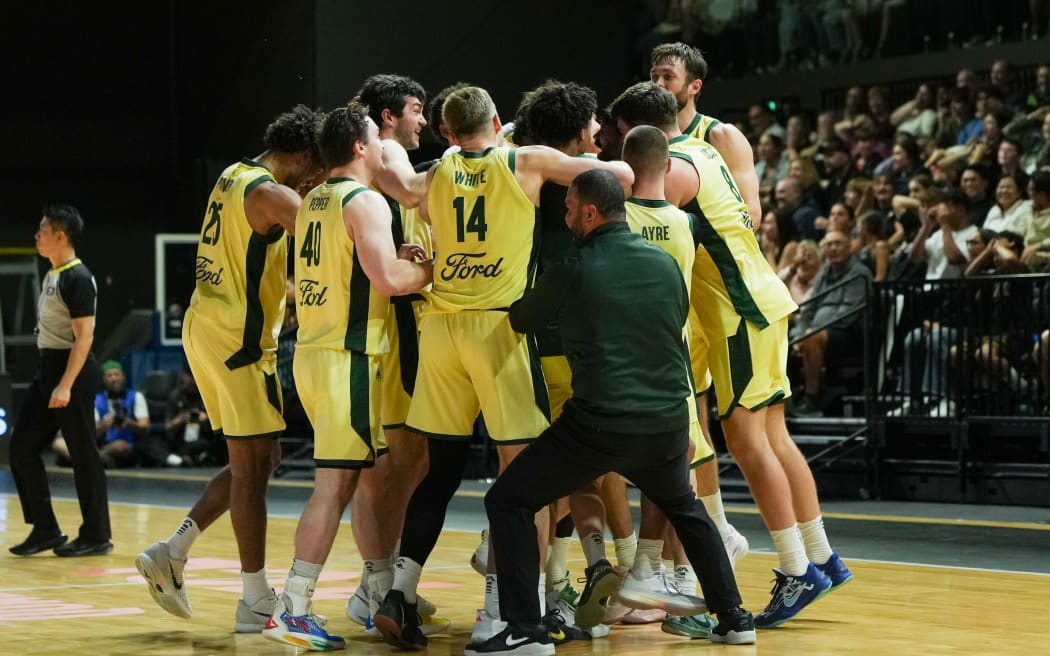Australia celebrate their win over New Zealand Tall Blacks, Wellington, 2025.