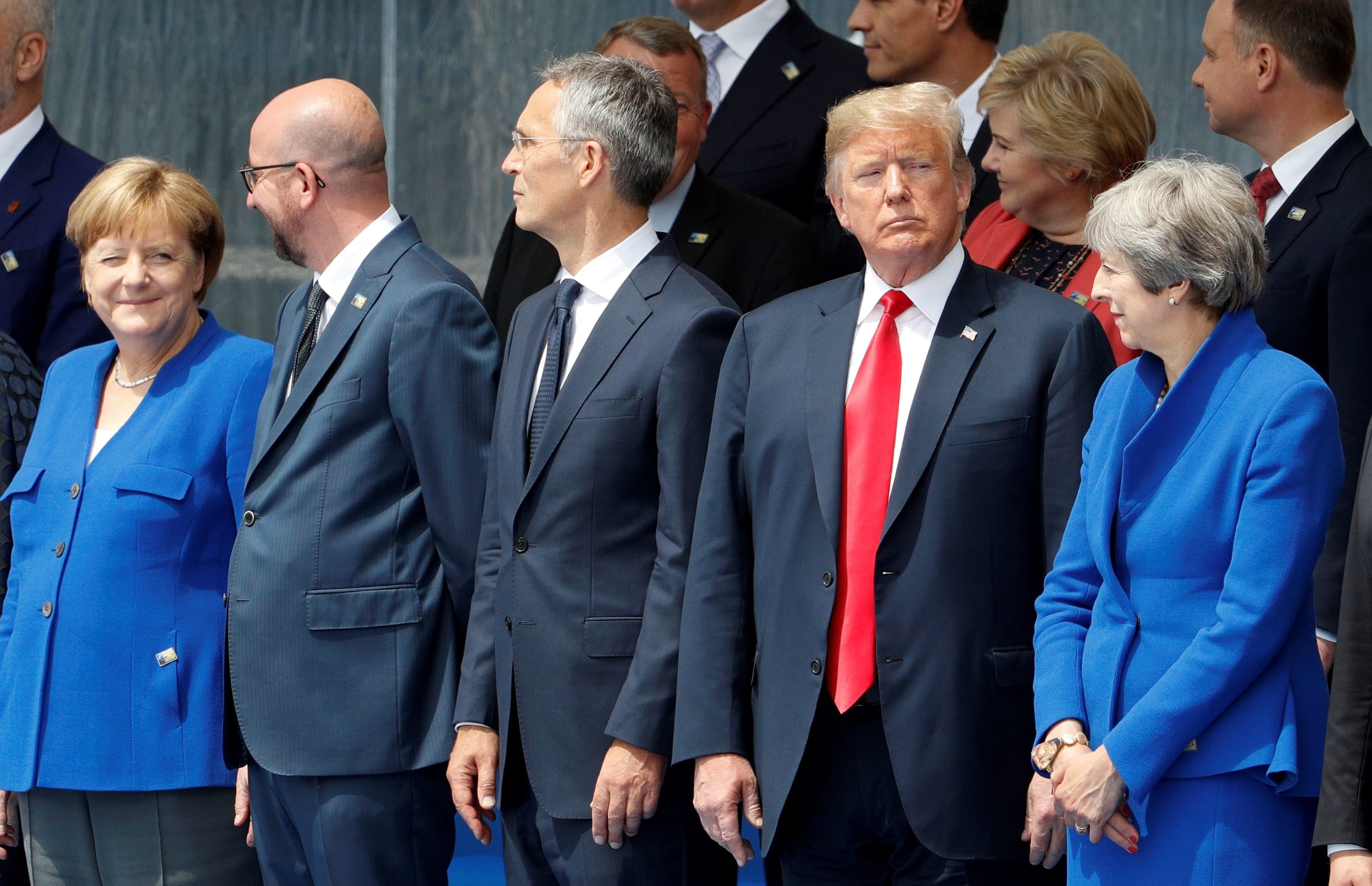 From left, German Chancellor Angela Merkel, Belgium's Prime Minister Charles Michel, NATO Secretary General Jens Stoltenberg, US President Donald Trump and Britain's Prime Minister Theresa May attend the opening ceremony of the Nato summit in Brussels.