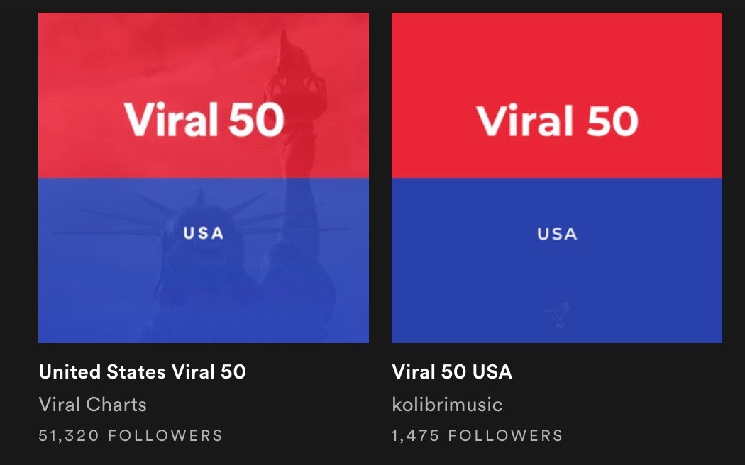 Spotify's official 'U.S. Viral 50' playlist vs. Kolibri Music's one