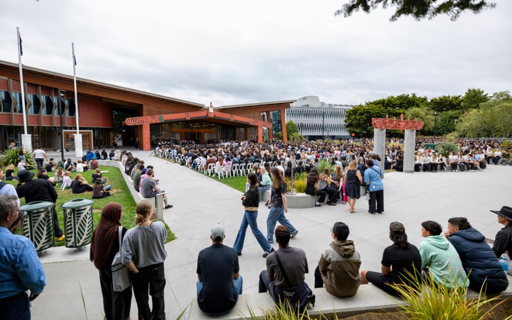 Students gather outside The Pā during Orientation Week at the University of Waikato’s Hamilton campus in February 2025.
