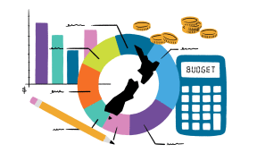 Stylised illustration of graphs, calculator and coins surrounding the shape of Aotearoa