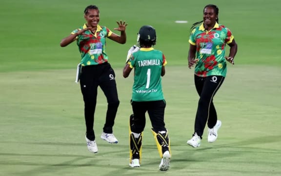 Vanuatu players celebrate in the match against Zimbabwe in Abu Dhabi on Thursday. Photo: ICC