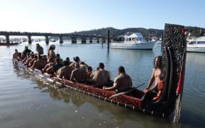 The waka Te Rangimarie prepares for the waka parade.