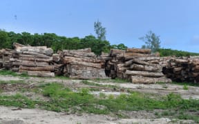 Round logs a shipping yard of Palekula in Santo, Vanuatu.