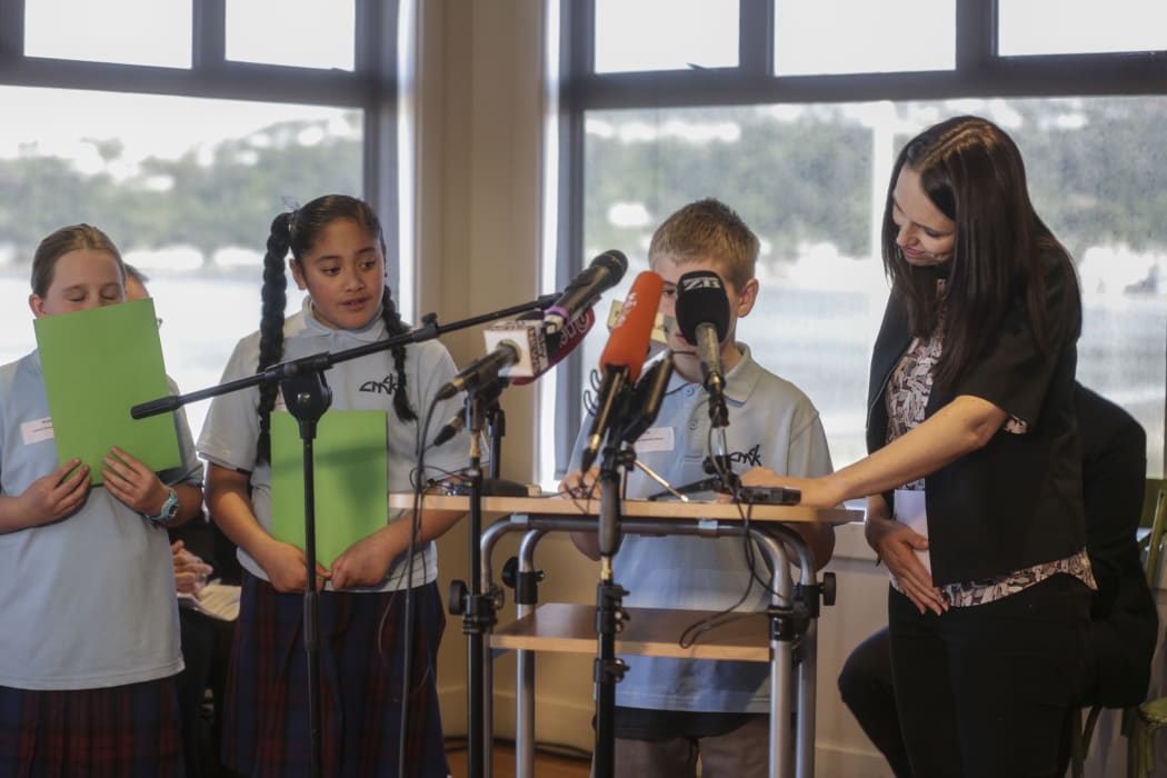Students from Cardinal McKeefry School with Prime Minister Jacinda Ardern.