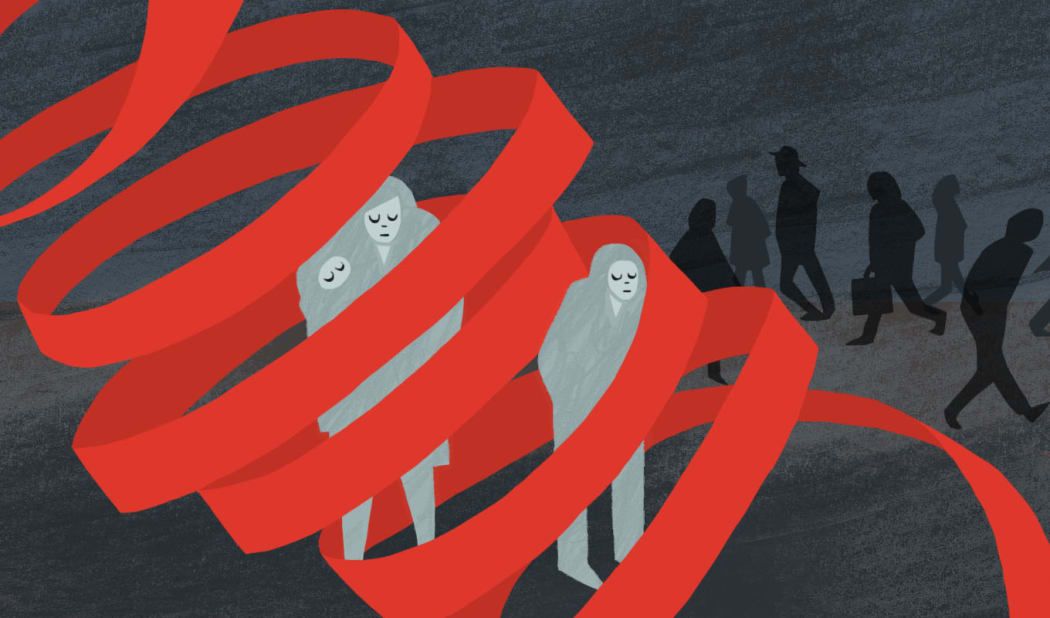 An illustration of shadowy figures taking shelter from a whirlwind