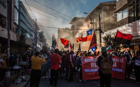 Hundreds of people demonstrate two years after the social outbreak., in Osorno, Chile.
 (Photo by Fernando Lavoz/NurPhoto) (Photo by FERNANDO LAVOZ / NurPhoto / NurPhoto via AFP)