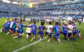 Both teams huddle post game during Super Rugby Pacific, Fijian Drua v Moana Pasifika, CommBank Stadium, Sydney, NSW Australia, Saturday 14th May 2022.