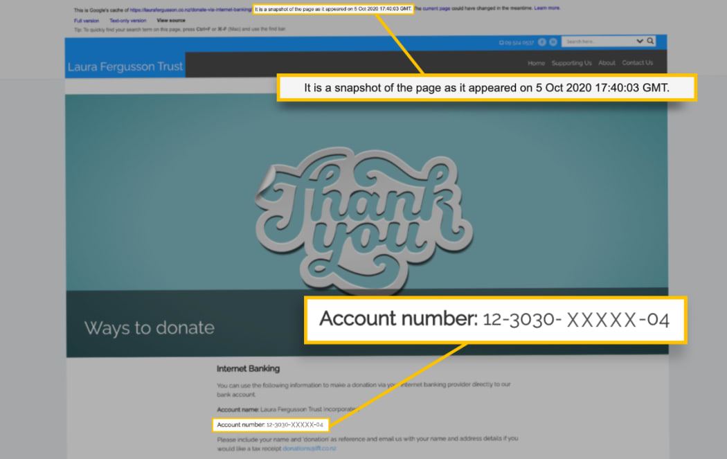 A Google cache of the Laura Fergusson Trust website showed the site displayed their account a week ago.