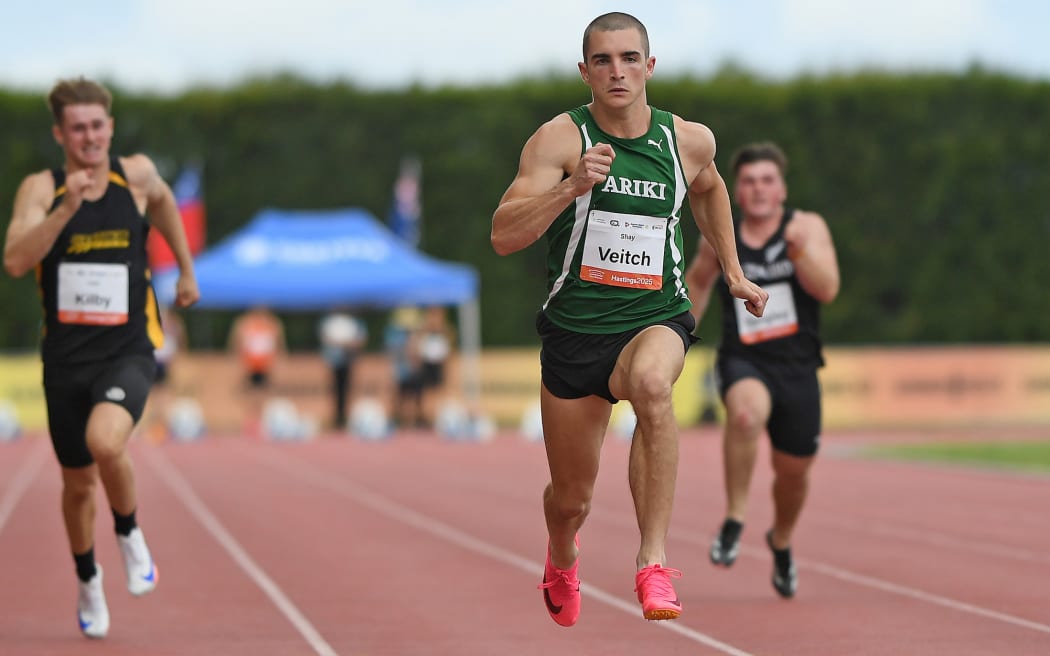 Shay Veitch runs in the men’s 100m, Potts Track and Field Classic, Mitre 10 Sports Park, Hastings, New Zealand. Saturday 01 February 2025 © Photo: Kerry Marshall / Photosport