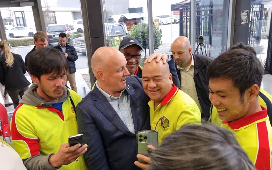Christopher Luxon spoke to staff at Hagley Windows & Doors in Christchurch 14 September 2023. The National Party leader was mobbed by staff for selfies at the end of the visit.