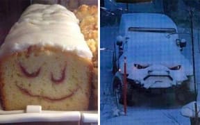 A composite image showing an iced loaf on the left and a car covered in snow on the right. The iced loaf has a discernible smiling face made out of jam, while the car's lights and grill have carved out a frowning face in the snow.