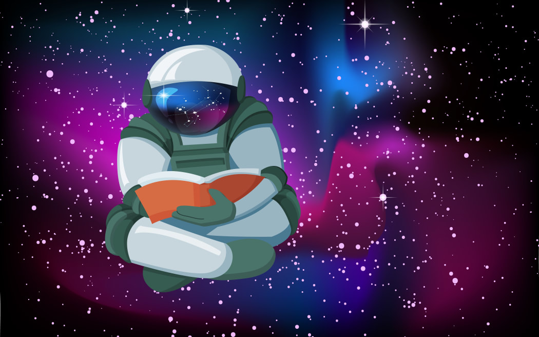 Cartoon Floating astronaut reading a book in space, concept vector illustration. Modern flat vector element on Night Sky blurred liquid electric wavy holographic abstract background