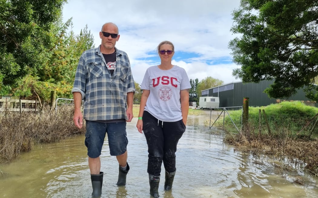 Wayne Melling and Vicky Wire at their flooded Awatoto property, south of Napier.