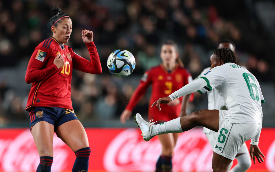 Spain’s Jennifer Hermoso reacts as Zambia's Mary Wilombe kicks. Spain v Zambia, Group Stage - Group C 2023 FIFA Women’s Football World Cup match at Eden Park, Auckland, New Zealand on Wednesday 26 July 2023. Mandatory credit: Brett Phibbs / www.photosport.nz