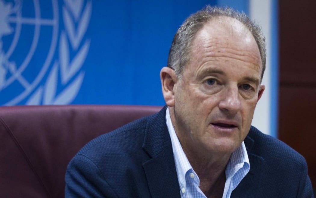 David Shearer, Special Representative of the Secretary-General speaks at a press conference on June 29, 2018 in Juba, South Sudan, on the peace process in the country.