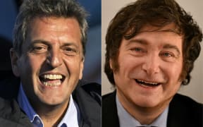 This combination of pictures created on 22 October, 2023 shows Argentina's Economy Minister and presidential candidate for the Union por la Patria party, Sergio Massa (L), gesturing after delivering a speech during the Buenos Aires province closing campaign celebrating Peronist Loyalty Day at the Julio Humberto Grondona stadium in Sarandi, Buenos Aires, on 17 October, 2023; and Argentine congressman and Presidential pre-candidate Javier Milei (R) posing ahead of an interview at a local TV station in Buenos Aires on 24 June, 2023.
