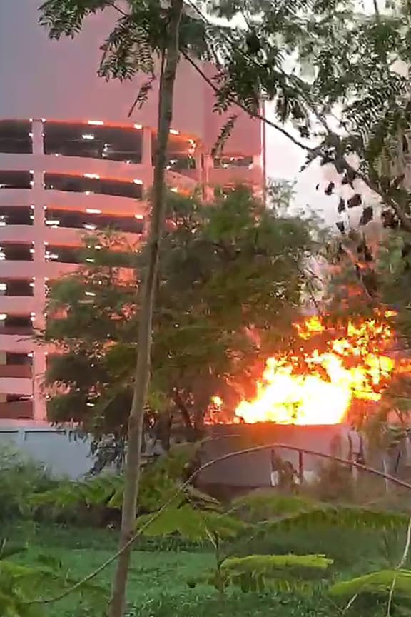 A fire on the compound of the Terminal 21 shopping mall during a shooting, which Thai soldier Jakrapanth Thomma is wanted in connection with, in the northeastern city of Nakhon Ratchasima