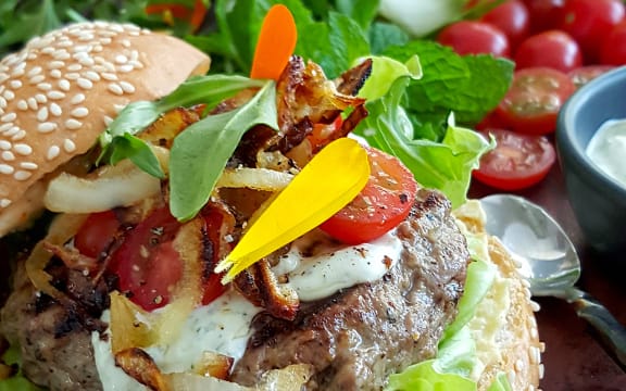 Greek Lamb Burger with Creamy Feta Dressing