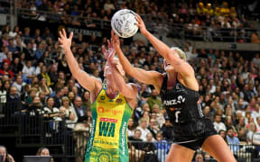 Maddy Gordon of the Silver Ferns and Liz Watson of the Diamonds tussle for the ball during the Constellation Cup Netball match, New Zealand Silver Ferns Vs Australian Diamonds, at Wolfbrook Arena, Christchurch, New Zealand, 29th October 2025. Copyright photo: John Davidson / www.photosport.nz