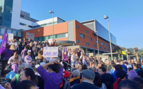 Hundreds of nurses march to Civic Square after gathering outside Wellington Hospital at the beginning of their strike.