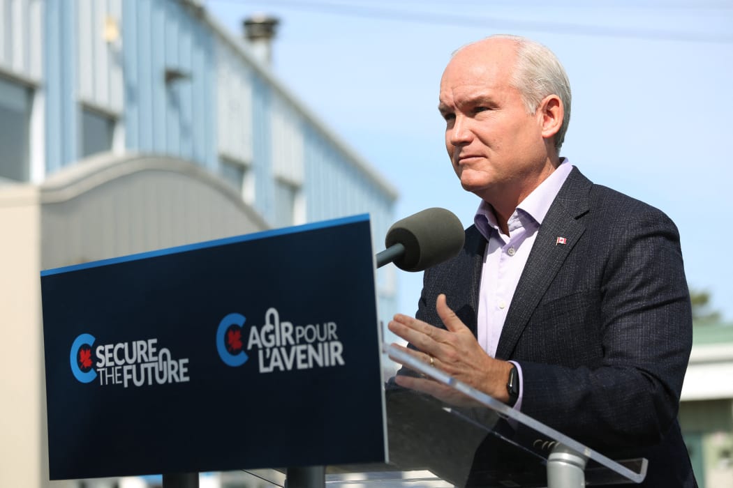 Canada's Conservative Party leader Erin O'Toole delivers a speech during a campaign stop in Russell, Ontario, on Tuesday.