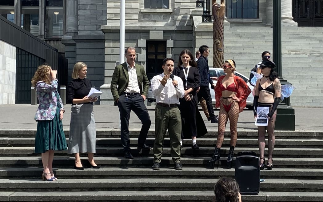 Labour and Green MPs with Margot Embargot outside Parliament on 3 February 2024.
