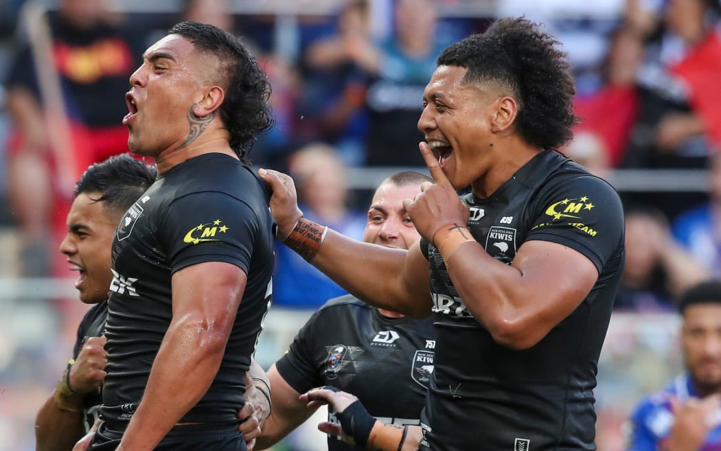 Erin Clark celebrates with teammates after scoring. New Zealand Kiwis v Toa Samoa Pacific Championship Final, rugby league test match at CommBank Stadium, Sydney.