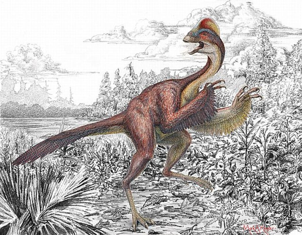 Reconstruction of the new feathered dinosaur Anzu wyliei in its environment in western North America about 66 million years ago.