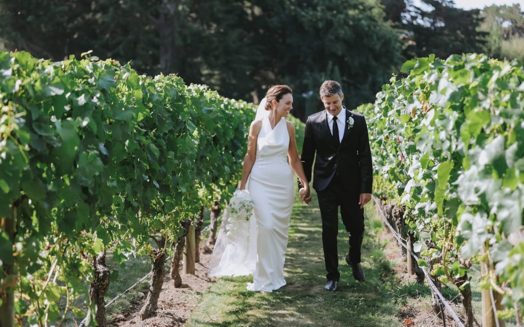 Jacinda Ardern and Clarke Gayford, pictured on their wedding day - 13 January 2024 - at Craggy Range Winery in Hawke's Bay,.