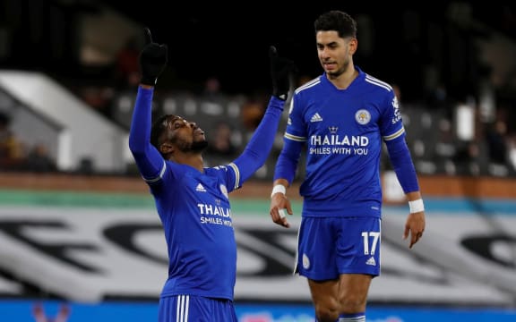 3rd February 2021; Craven Cottage, London, England; English Premier League Football, Fulham versus Leicester City; Kelechi Iheanacho of Leicester City celebrates after score his sides 1st goal in the 17th minute to make it 0-1 with Ayoze Perez of Leicester City
