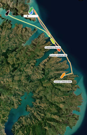 The tracks of the rescue vessels. The incident site was at the sharp bend in the orange line near the Heads.