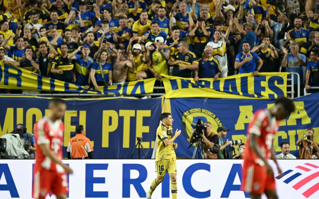 Boca Juniors' Uruguayan forward #16 Miguel Merentiel celebrates after scoring his team's first goal during the FIFA Club World Cup 2025 Group C football match between Germany's Bayern Munich and Argentina's Boca Juniors at the Hard Rock stadium in Miami on June 20.