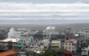 Waves hit the shore line near the Wushih harbour in Yilan as typhoon Goni approaches eastern Taiwan last year.