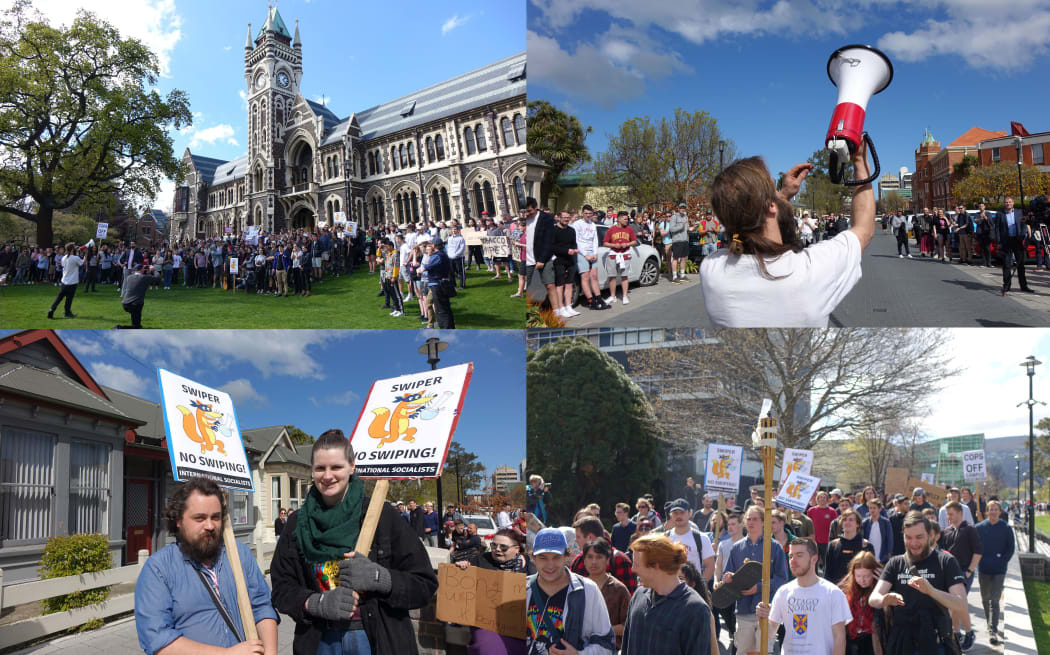 Otago University students protest after it was revealed the university's proctor has entered student flats and taken some bongs.`