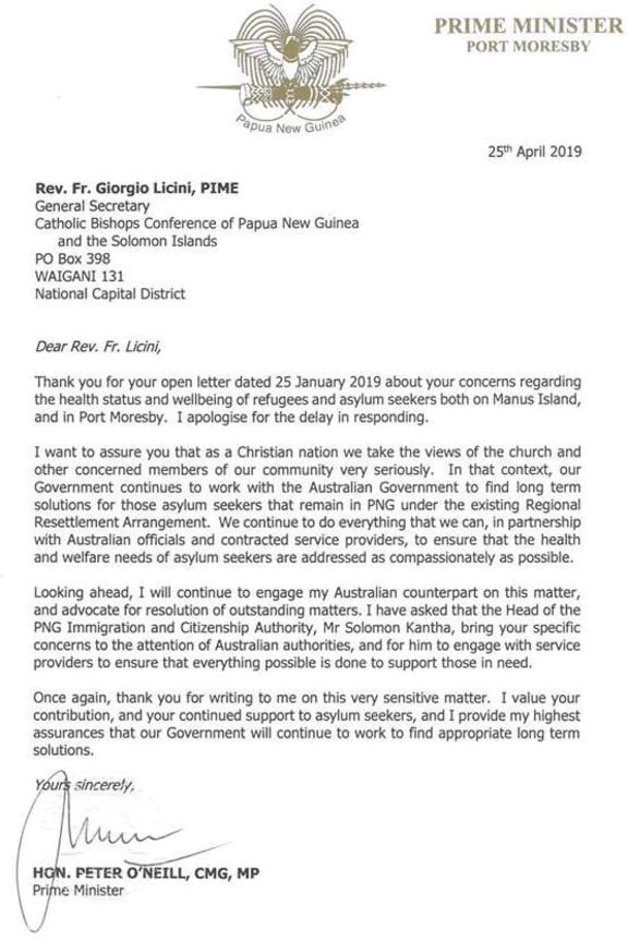 Peter O'Neill's letter to the Catholic Bishops Conference of PNG.
