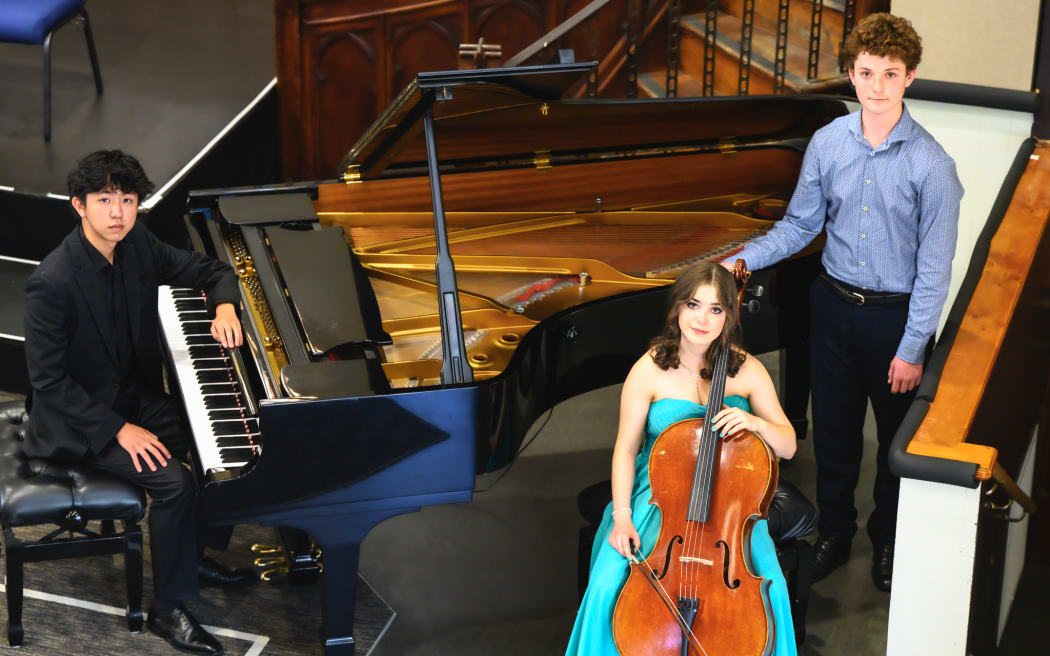 The finalists in the 2025 Dunedin Concerto Competition. From left: Roy Zhang, Portia Bell, Ozan Biner-McGrath.