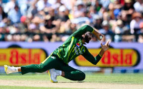 Usama Mir catches out Mitchell Santner during the 5th T20 cricket match, at Hagley Oval, Christchurch
