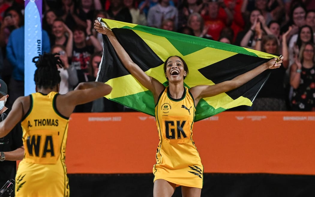 Jamaica's Shamera Sterling celebrates after beating the Silver Ferns at the 2022 Commonwealth Games.