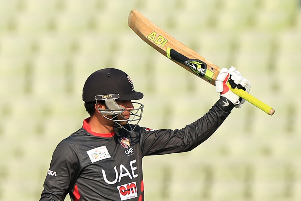 UAE's Rohan Mustafa reacts after scoring a half-century during Asia Cup T20 qualification in 2016