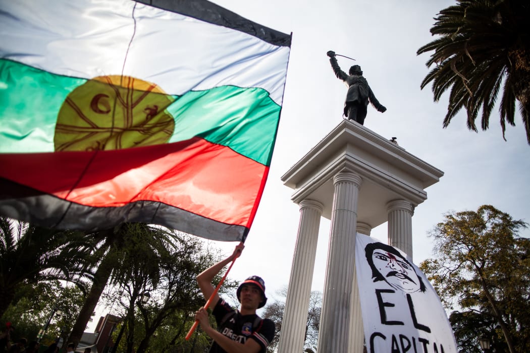 Hundreds march to the main square in Melipilla, Chile on Friday to commemorate one year since Camilo Catrillanca was killed by police.