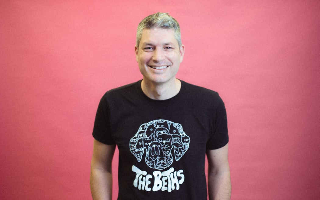 RNZ Afternoons' host Jesse Mulligan in his Beths t-shirt