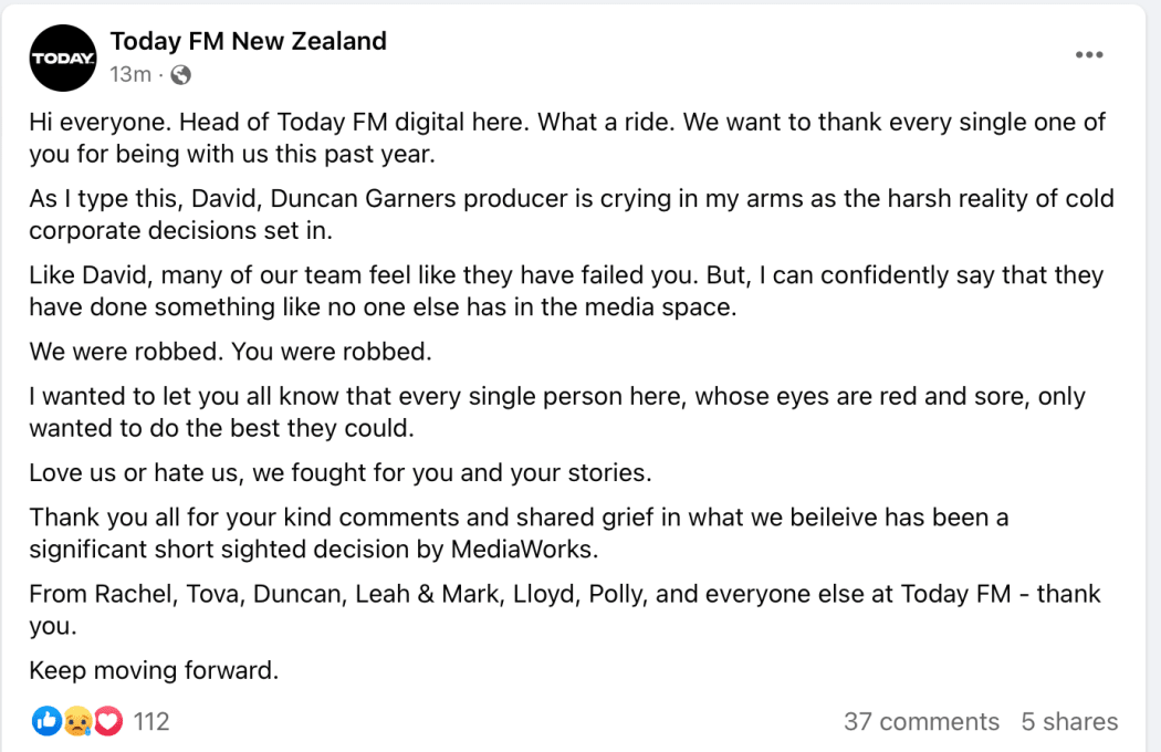 Facebook post on Today FM NZ
