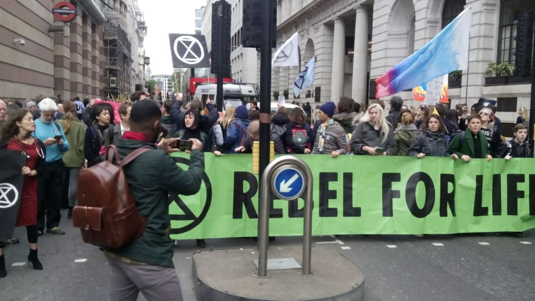 An Extinction Rebellion road block in London, on 25 April, 2019.