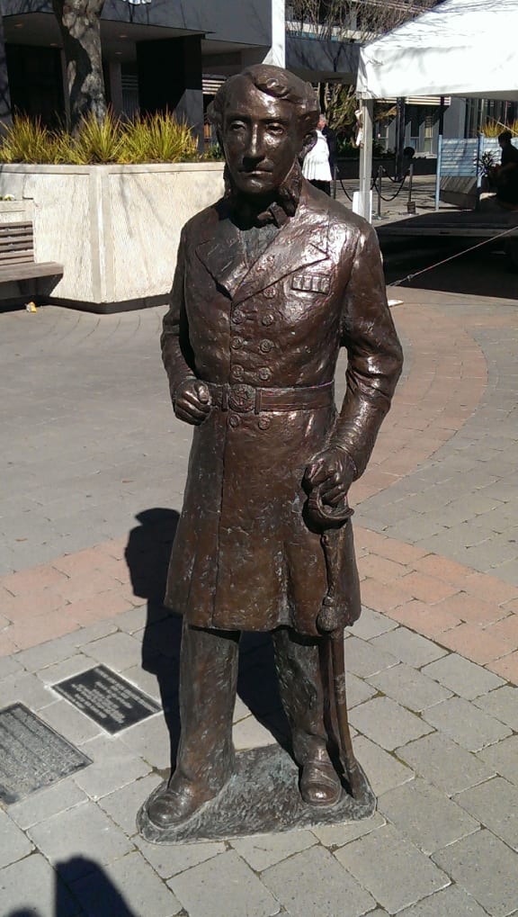 A statue in civic square Hamilton of Captain John Hamilton who the city is named after.