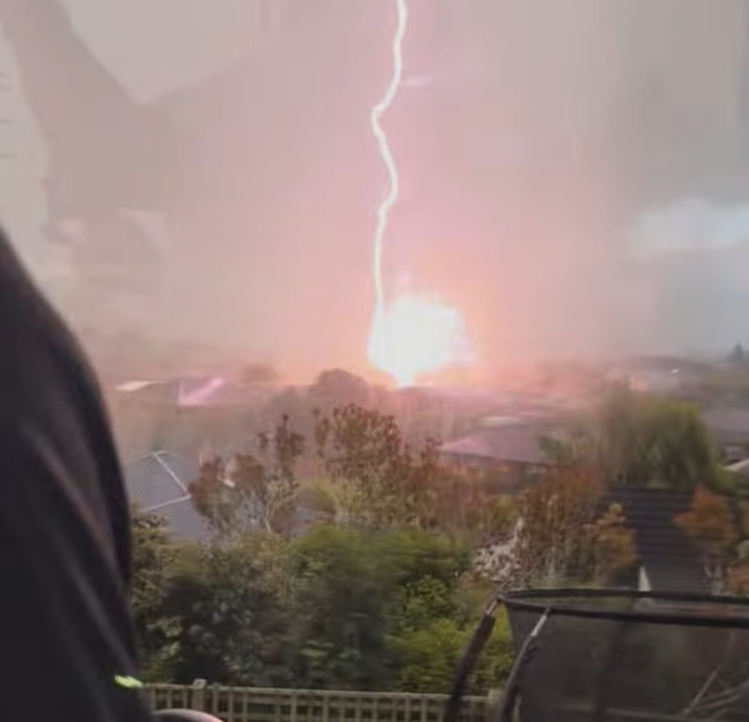 Lightning strikes a power pole in Mosgiel on Thursday night.