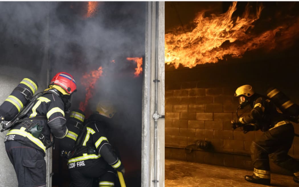 NZ army firefighters in live fire exercises at FENZ's national training centre.