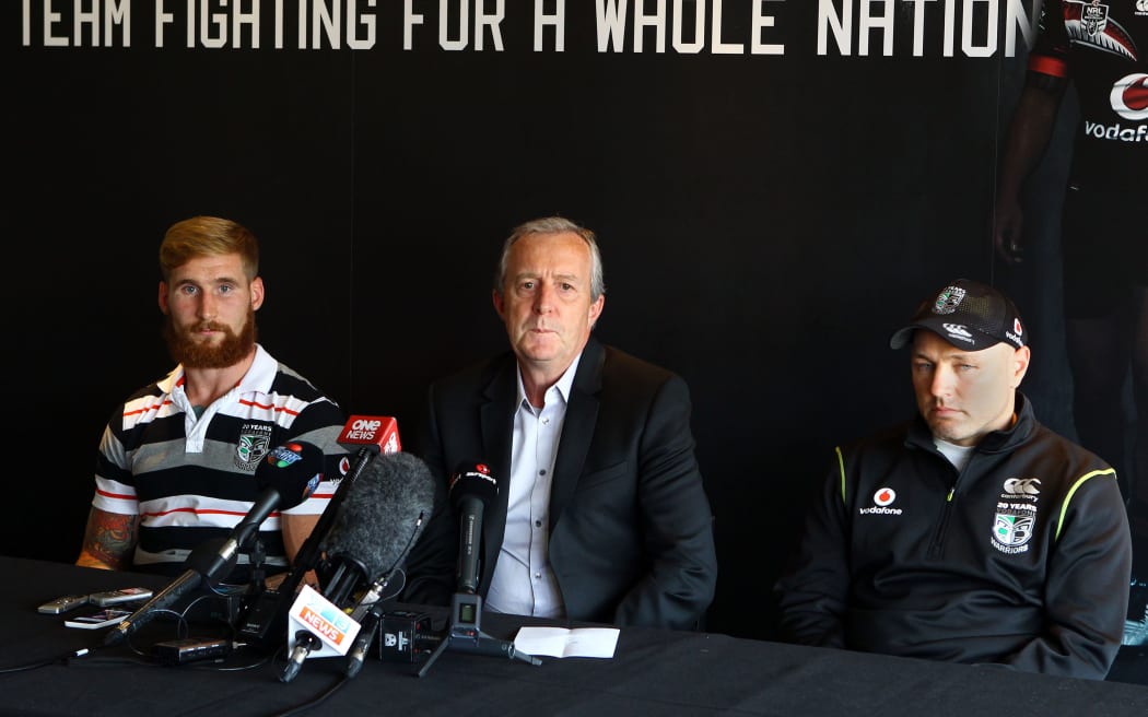 Sam Tomkins (L), Jim Doyle and Andrew McFadden of the Warriors