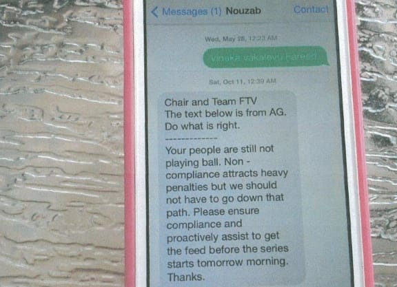 The text sent from Fiji TV director Nouzab Fareed to former Fiji TV executive Tanya Waqanika.