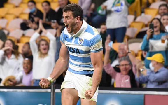 Emiliano Boffelli of the Pumas celebrates scoring a try